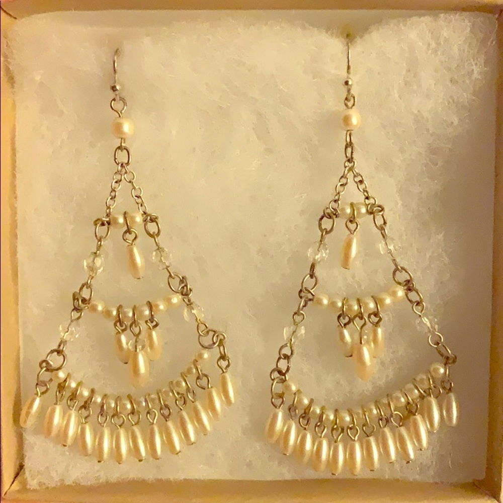 Silver Pearl Drop Chandelier Earrings